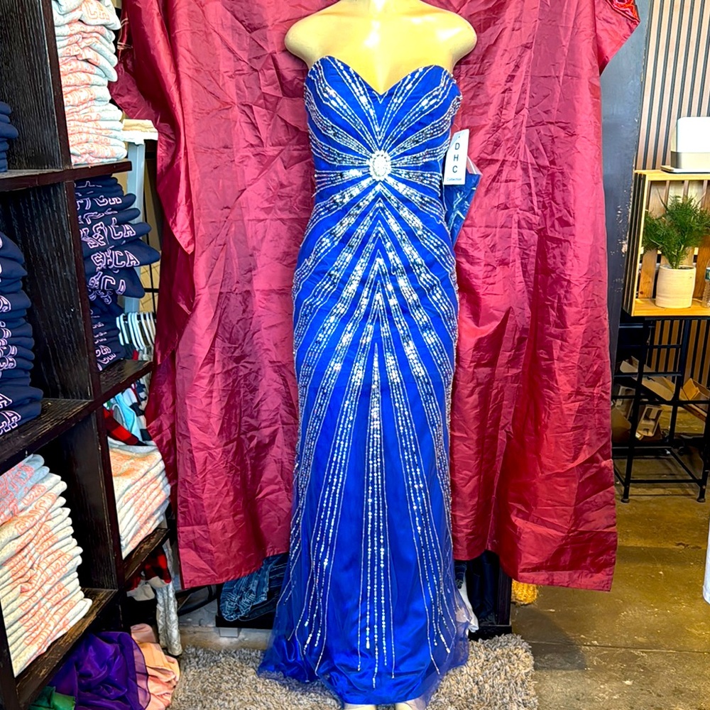 Stunning Blue Strapless Gown with Silver Accents